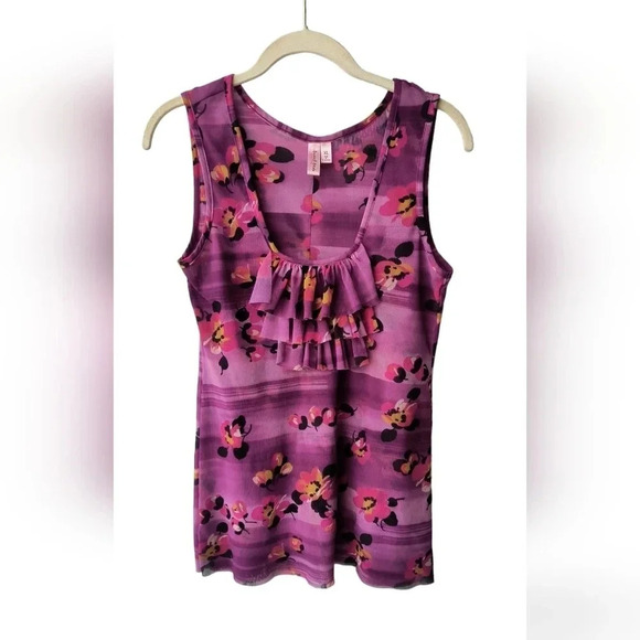 Sweet Pea Tops - Sweet Pea Scoop Neck Sleeveless, Silky, Ruffly Floral Print Dressy Blouse, XL